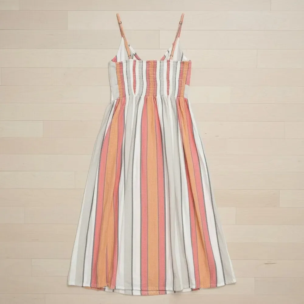 Japna Striped Midi Sundress Tie Front Button Front Cotton Blend Size M‎